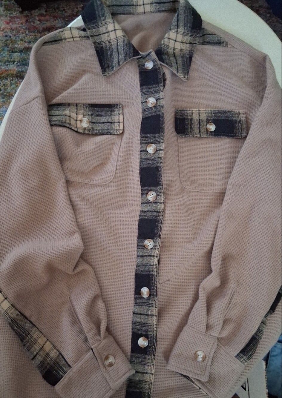 Beige Button-Upwaffle  Shacket Style/Button down with Plaid Trim
